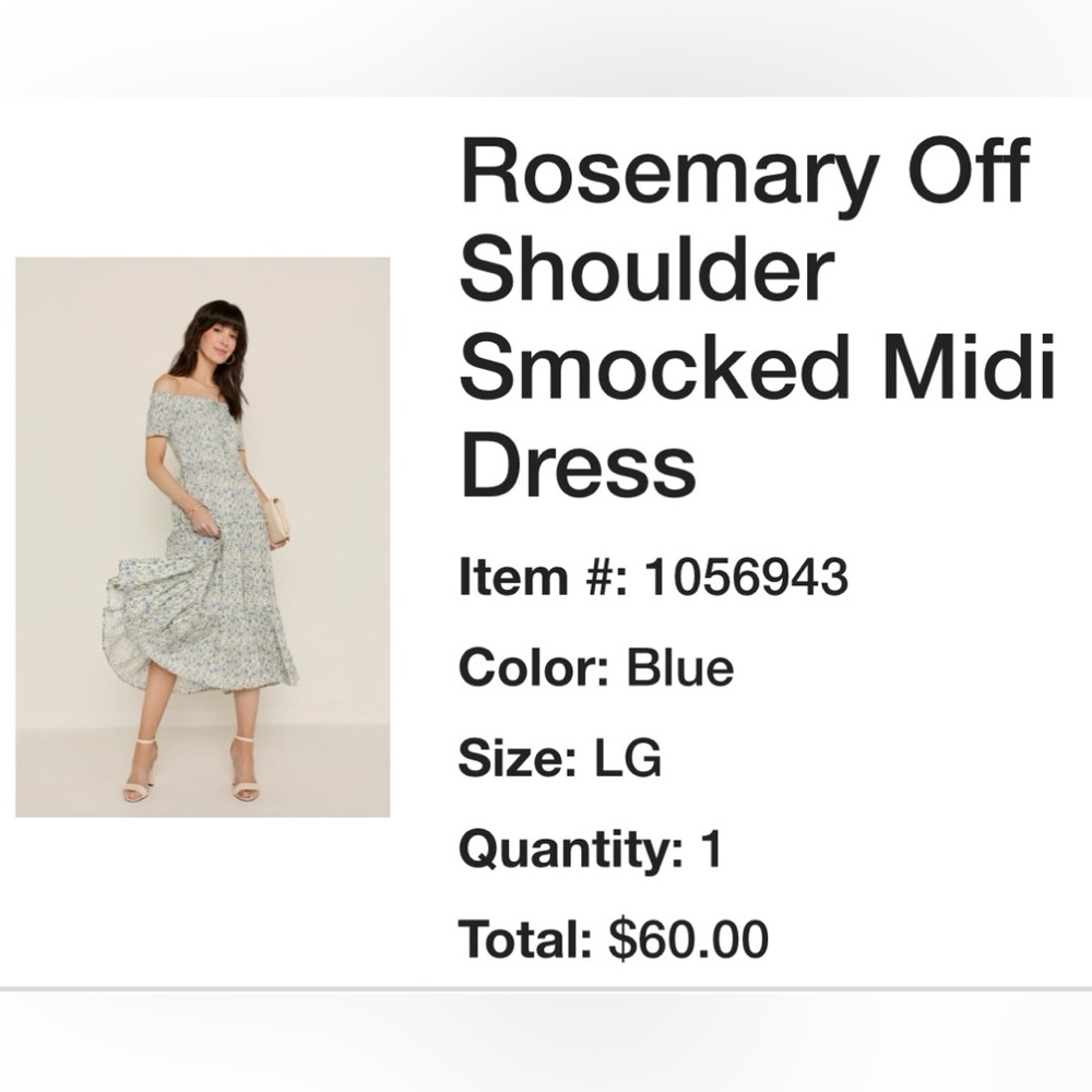 Francesca's Blue Floral Off-Shoulder Smocked Midi Dress -NEW W/O TAGS NEVER WORN